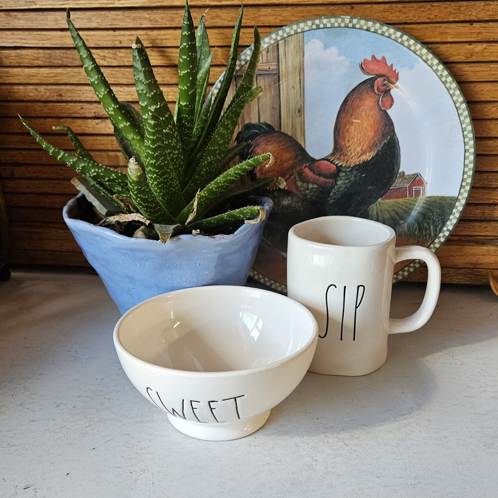 White Ceramic "SWEET" Bowl and "SIP" Mug Set